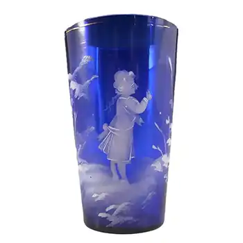 Mary Gregory Bohemian Hand Enamelled Blue Glass Tumbler