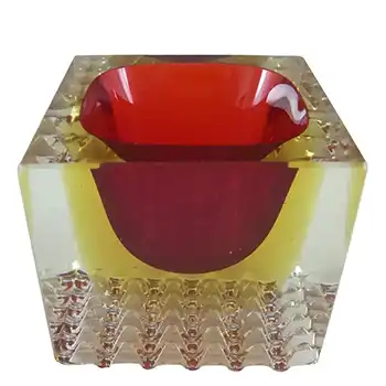 Murano Faceted Red & Amber Sommerso Glass Block Bowl