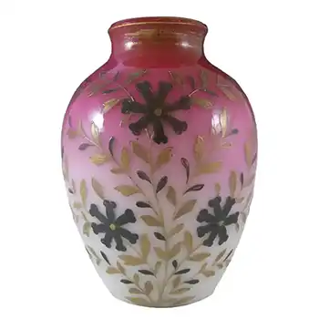 Victorian Burmese Uranium Pink Glass Enamelled Vase
