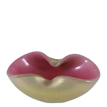 Archimede Seguso Murano Biomorphic Pink & White Glass Gold Leaf Bowl