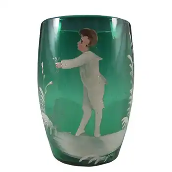 Mary Gregory Bohemian Hand Enamelled Green Glass Tumbler #3