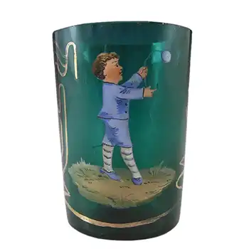 Mary Gregory Bohemian Hand Enamelled Green Glass Tumbler