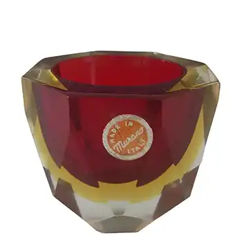 Murano Faceted Red & Amber Sommerso Glass Block Bowl