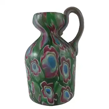 Fratelli Toso Millefiori Canes Murano Green & Blue Glass Jug