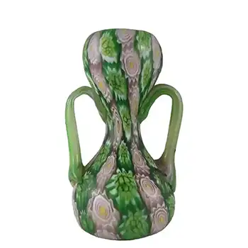 Fratelli Toso Millefiori Canes Murano Green Glass Vase