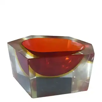 Murano Faceted Red & Amber Sommerso Glass Block Bowl