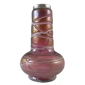 Kralik Art Nouveau Iridescent Veined Glass & Silver Vase