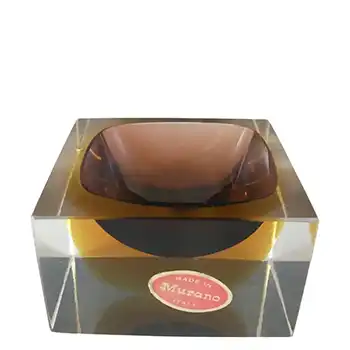 Murano Faceted Brown & Amber Sommerso Glass Block Bowl