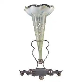 Victorian Vaseline / Opalescent Glass + Silver Epergne Vase c 1880
