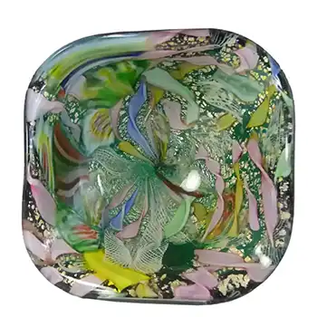 AVEM Murano Zanfirico Bizantino / Tutti Frutti Green Glass Square Bowl
