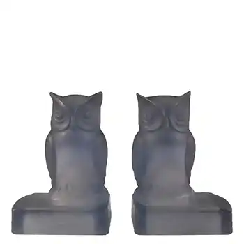 Bagley Art Deco Frosted Blue Glass Owl Bookends / Book Ends