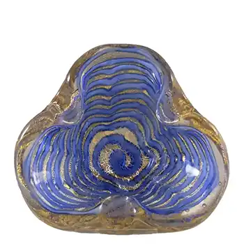 Barovier & Toso 'Graffato' Murano Blue Stripe & Gold Leaf Blue Glass Bowl