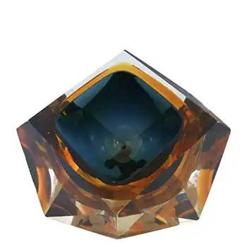 Murano Faceted Blue & Amber Sommerso Glass Block Bowl