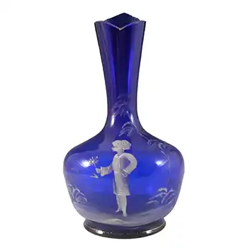 Mary Gregory Victorian Hand Enamelled Blue Glass Vase