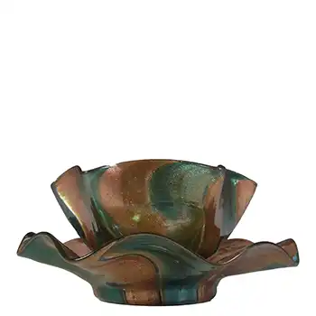 Salviati Green & Copper Aventurine Glass Finger Bowl + Plate