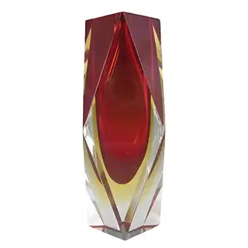 SIGNED Murano Faceted Red & Amber Sommerso Glass Block Vase