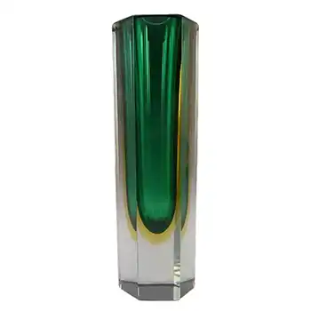 Murano Faceted Green & Amber Sommerso Glass Block Vase