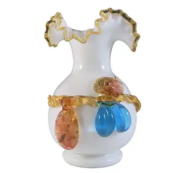 Victorian Uranium Custard Glass Ivory Applied Fruit Vase