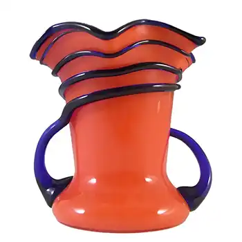 Czech Orangey Red Glass Tango Vase w Blue Trailing, Art Deco