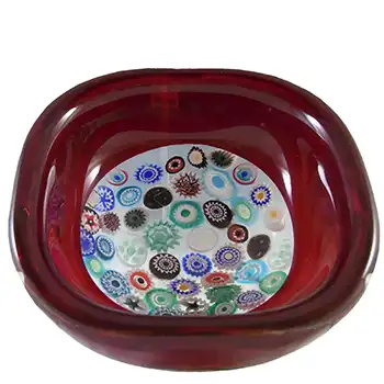 Archimede Seguso Murano Incalmo Millefiori Red Square Glass Bowl