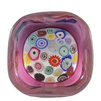 Archimede Seguso Murano Incalmo Millefiori Pink Square Glass Bowl