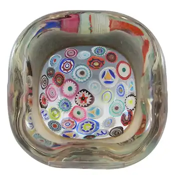 Archimede Seguso Murano Incalmo Millefiori Amber Square Glass Bowl