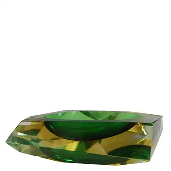 Murano Vintage Faceted Green & Amber Sommerso Glass Block Bowl