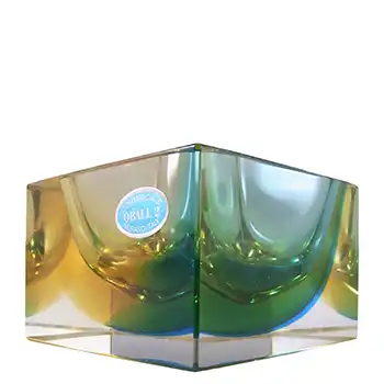 LABELLED Oball Murano Faceted Amber & Blue Sommerso Glass Block Bowl