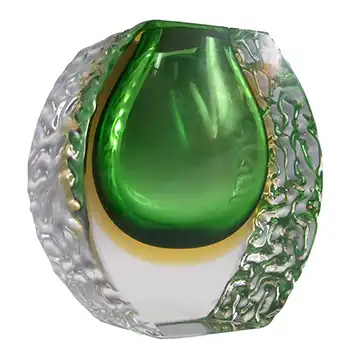 Murano Faceted, Textured Green & Amber Sommerso Glass Vase