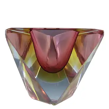 Murano Faceted Pink & Amber Sommerso Glass Vintage Block Bowl