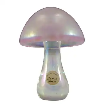LABELLED Heron Glass Pink Iridescent Mushroom Paperweight