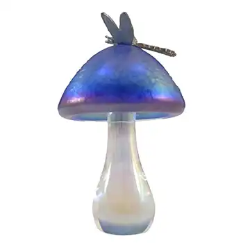 LABELLED Heron Glass Blue Iridescent Mushroom & Dragonfly