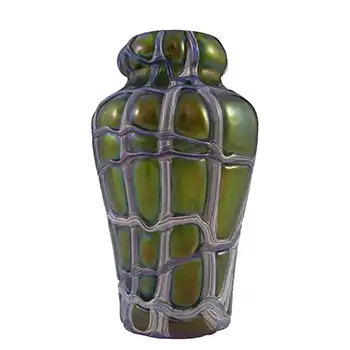 Kralik Art Nouveau Iridescent Green Veined Antique Glass Vase