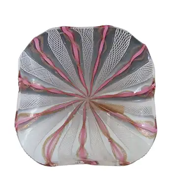 Murano White Zanfirico & Pink Filigree Aventurine Glass Bowl