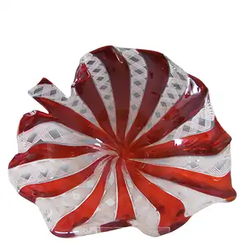 Murano White Zanfirico & Red Filigree Glass Leaf Bowl