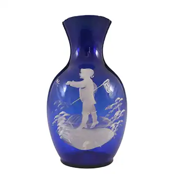 Mary Gregory Bohemian Hand Enamelled Blue Glass Vase