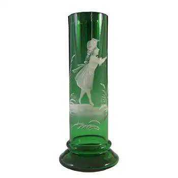Mary Gregory Bohemian Hand Enamelled Green Glass Vase