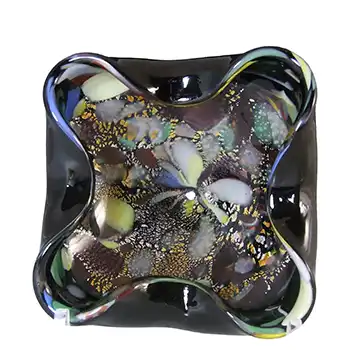 Murano Vintage Silver Leaf & Coloured Murrine Canes Black Glass Bowl