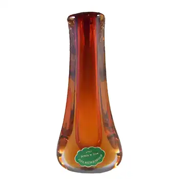 LABELLED Murano/Venetian Orange & Amber Sommerso Glass Stem Vase