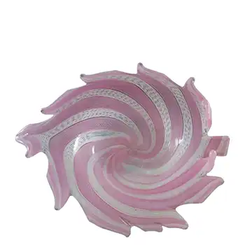 Murano Pink & White Zanfirico Filigree Glass Leaf Bowl