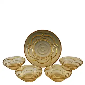 RARE Bagley Art Deco Amber Glass 'Osprey' Fruit Bowl Set #3153
