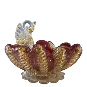 Barovier & Toso Murano Cordonato Oro Gold Leaf Glass Swan Bowl
