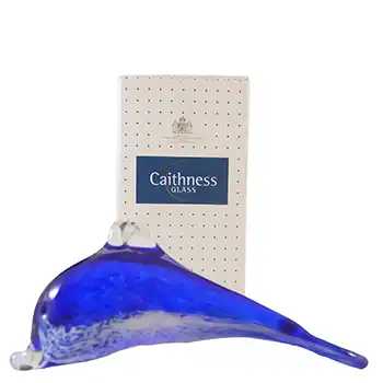 BOXED Caithness Crystal Blue Glass Dolphin Paperweight
