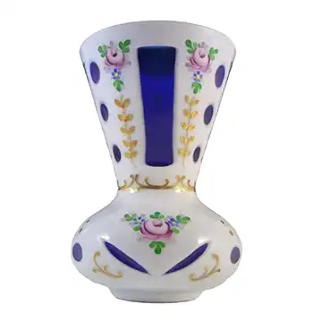 Crystalex Czech Enamelled Blue & White Overlay / Cut Glass Vase
