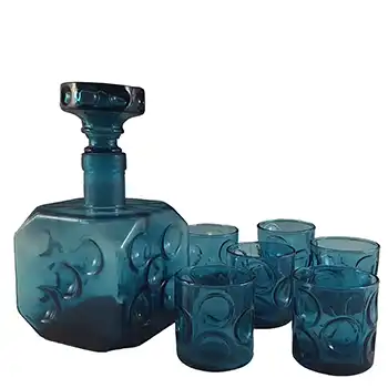 Empoli Italian Blue Glass Dice Decanter / Bottle & Glasses Set