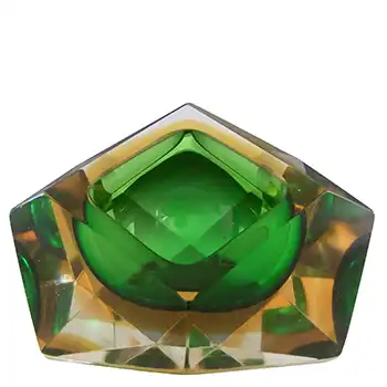 Murano Faceted Green & Amber Sommerso Glass Vintage Block Bowl