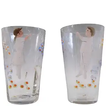 Mary Gregory Pair of Victorian Hand Enamelled Glass Tumblers
