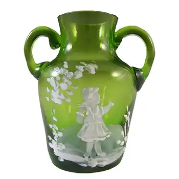 Mary Gregory Victorian Hand Enamelled Green Glass Miniature Vase