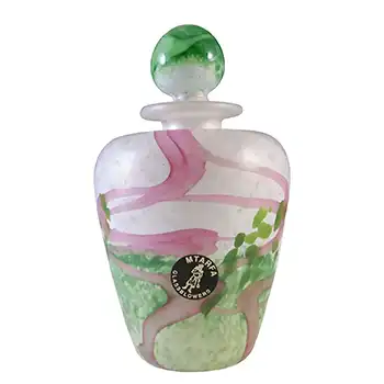SIGNED Mtarfa Maltese Vintage Pink, Green & White Glass Bottle