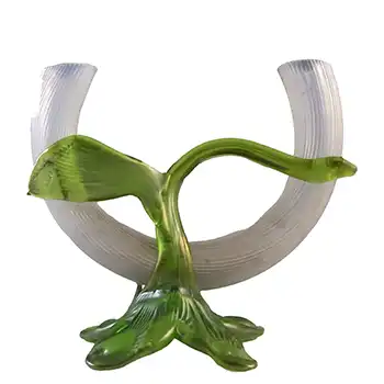 Kralik Art Nouveau Iridescent Glass Applied Leaf Twin Stem Vase